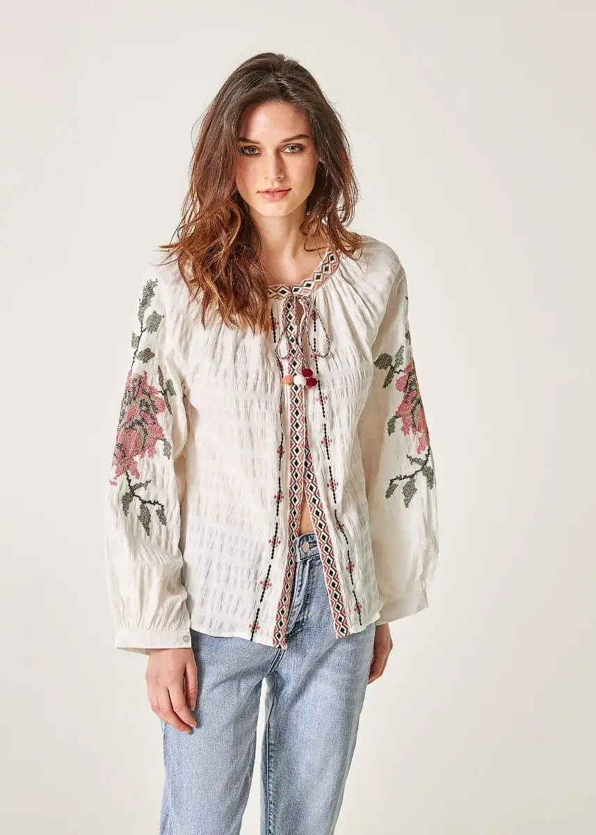 machine floral embroidered full sleeves open front round neck with drawstring casual tunic top for women