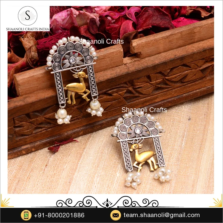 Antique Silver Oxidized Dual Tone Earrings New Arrival Wedding Jewelry for Women Gold and Brass with Pearl Ethnic Style Gift