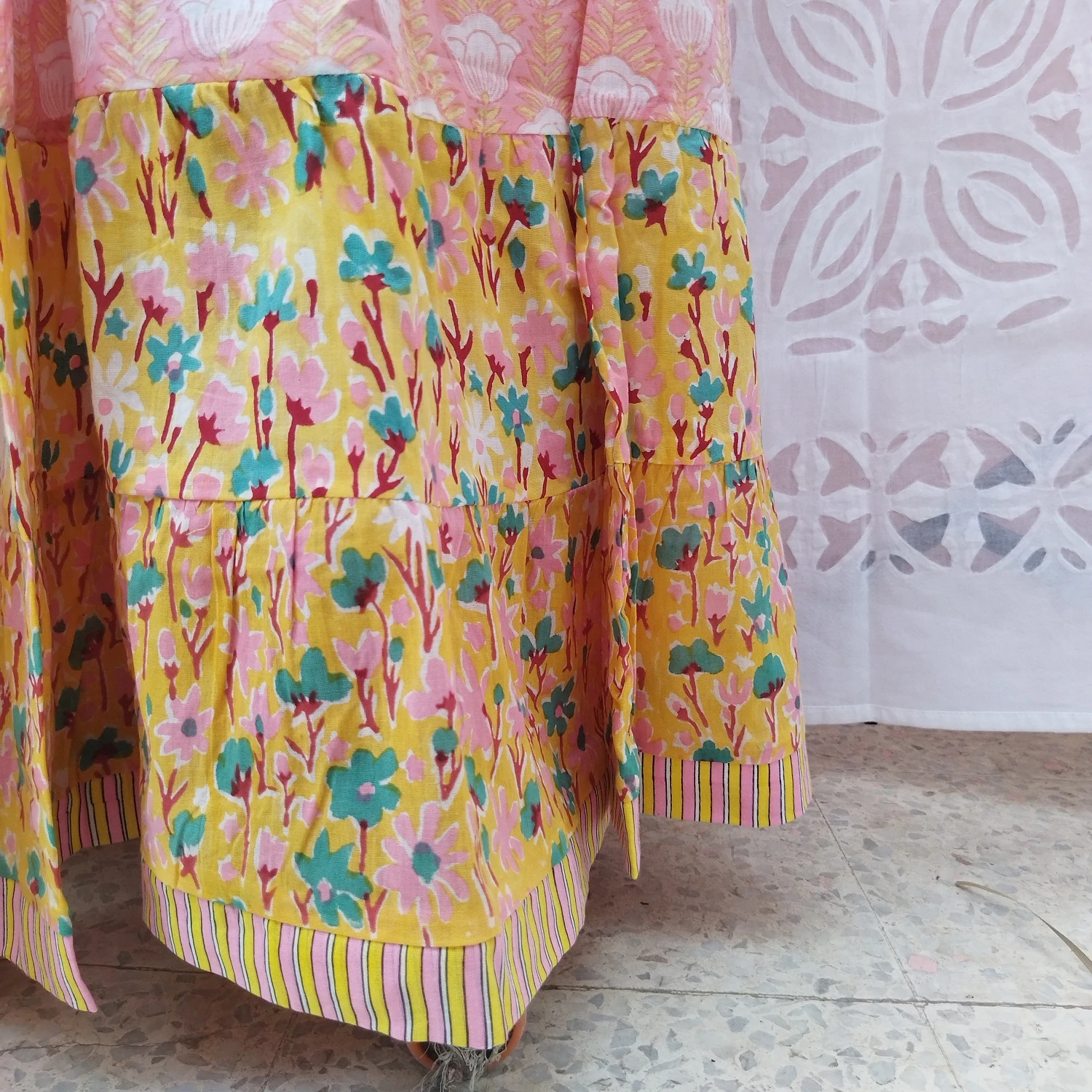 Wholesale Hand Block Printed Cotton One Tire Skirt With Smoking Waist & Maxi Standard, Colorful Bohemian Skirt Casual Beach Wear