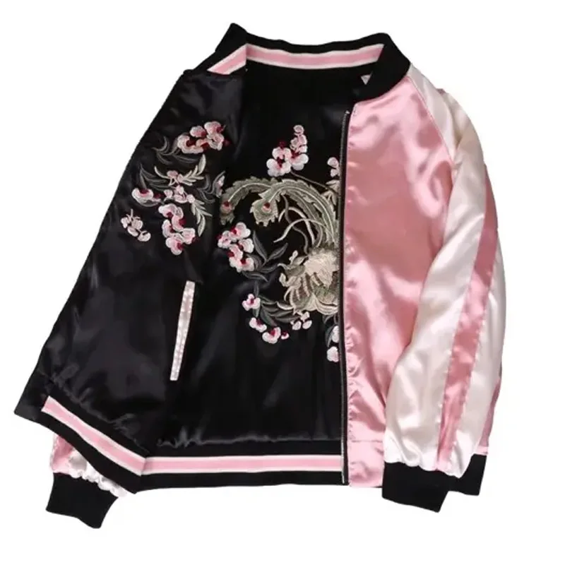 high quality Both sides wear long sleeve Spring embroidery satin baseball uniform Korean women loose embroidered Varsity jacket