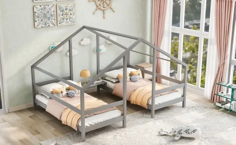Double Twin Size Triangular House Beds with Built in Table Gray for Kids OEM Supplier from Vietnam Following Your Brand