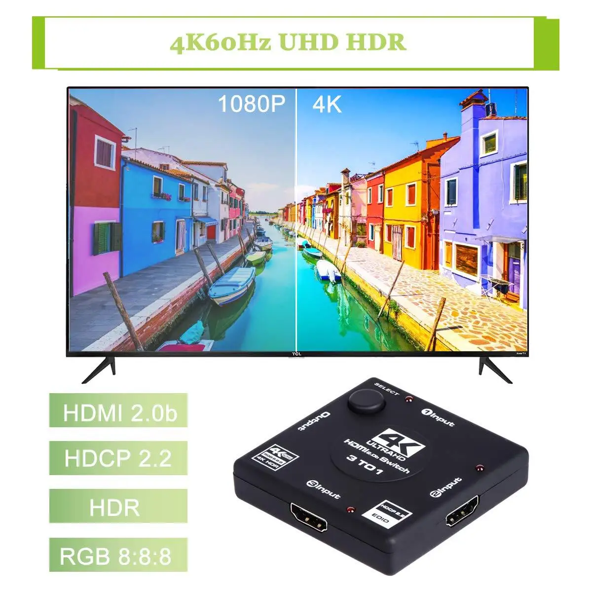 HDMI 4K 60Hz Switcher 3 Port HDMI Switcher Adapter 3 In 1 Out HDMI Switcher 2.0 Converter PS4 Pro TV Box
