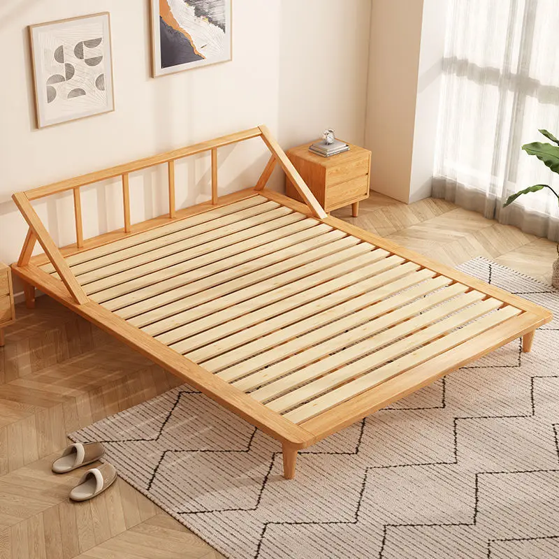 Double Queen King Size Platform Bedroom Furniture Solid Oak Wood Tatami Bed with Headboard Floating Bed Frame
