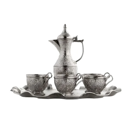 Kitchen Tabletop Teapot for Serving Tea Vintage Metal Turkish Coffee Pot Set Turkish Tea Set Silver Ottoman Trim Wedding Gift