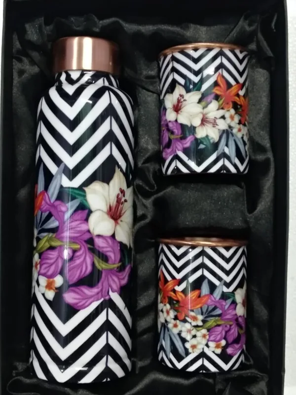 Premium Pure Copper Water Bottles with Glass Custom Art Designs, Wholesale Supplier from India
