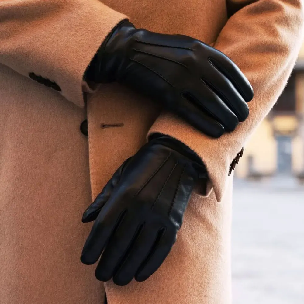 Перчатки мужские из натуральной овечьей кожи теплые мотоциклетные митенки с кашемировой подкладкой для работы сенсорным экраном