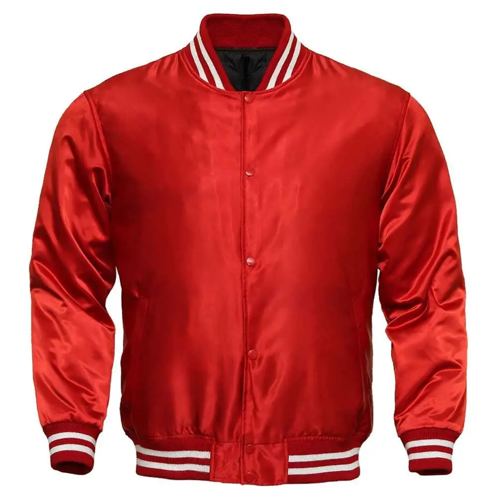 Factory Customized Logo Light Sports Satin Bomber Jacket Baseball Letterman Jacke Silk Men Varsity Jacket Satin