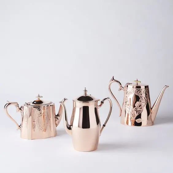 Pure Copper Tea Kettle With Two Cup Set Insulated Handle Premium Look Embossed Design Matte Finishing Drinkware Utility Items