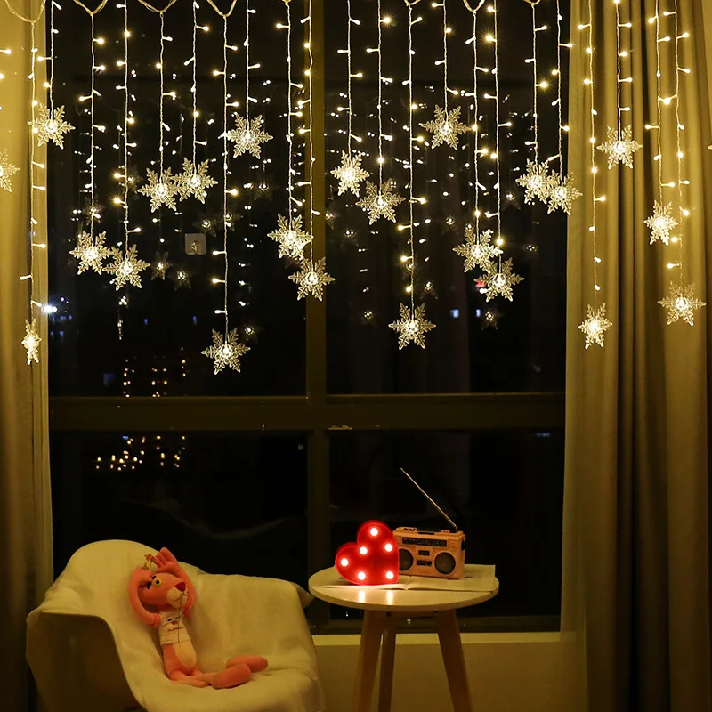 Twinkle LED Snowflake Curtain String Light Fairy Curtain Lighting for Christmas Outdoor Yard Garland Decoration