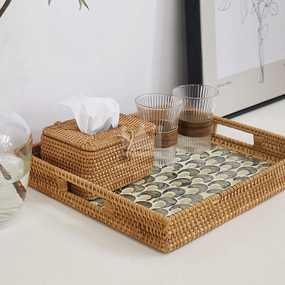 For Home Decor Table High Quality Logo Custom MOTHER OF PEARL RATTAN TRAYS (set of 2) Made In Vietnam