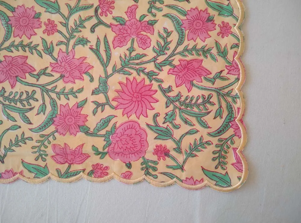 Indian Handmade Reusable Cotton Napkins Set Floral Leaf Hand-Block Printed Embroidered Scalloped Edge Weddings Kitchen Soft