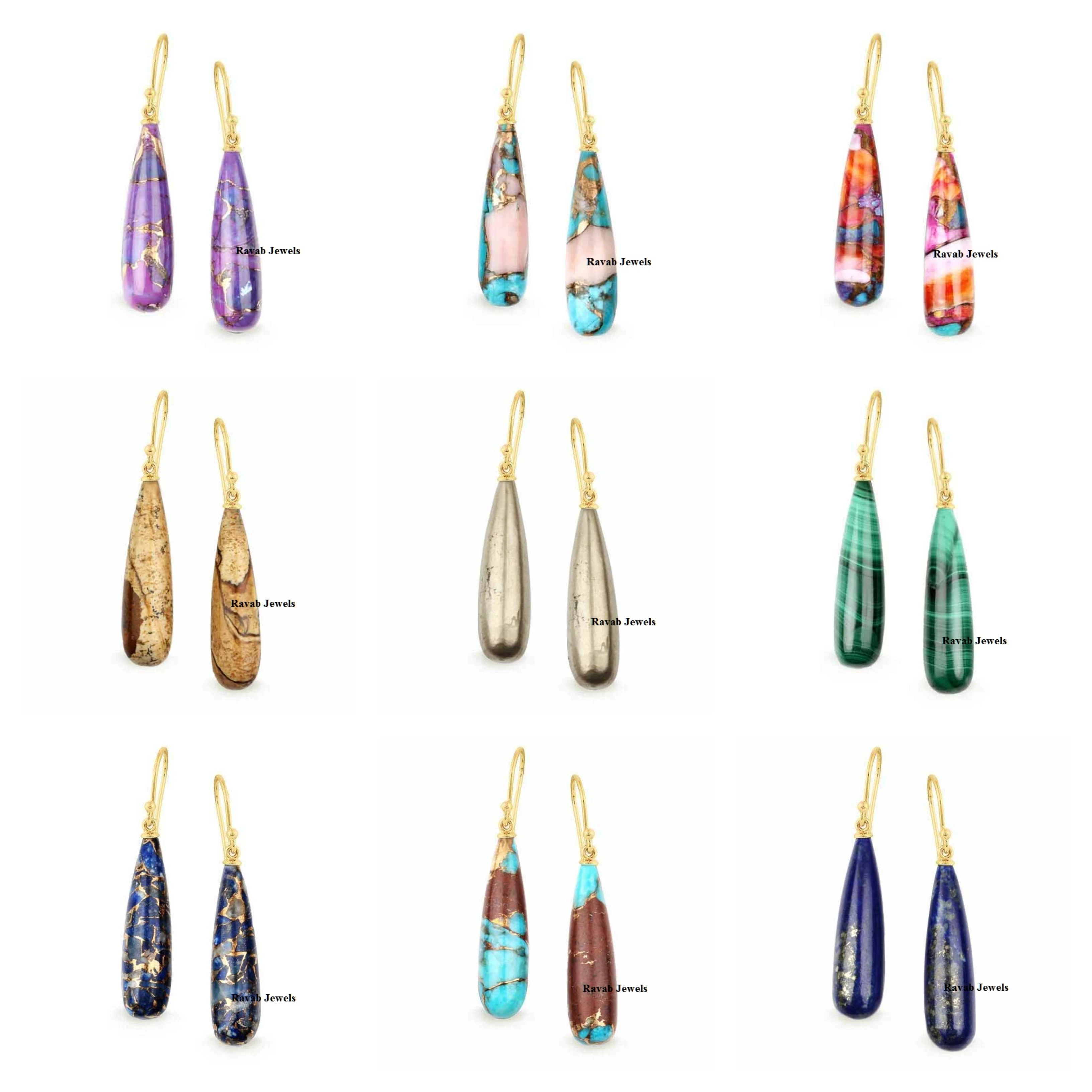 Latest 9x30mm Natural Pyrite Drop Shape Earring Solid Gold with Cute Gemstone for Female Long Dangle Partywear Diamond Jewelry