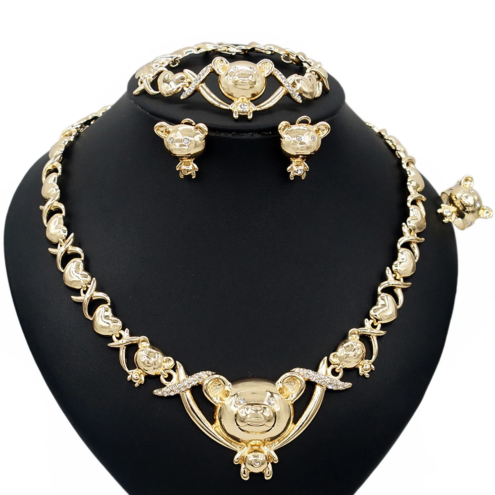 Zhuerrui Latest Panda I Love You Xoxo Brass Jewelry Sets Cartoons Doll Bear Hugs and Kisses Bridal Gold Plated Jewelry Set X0089