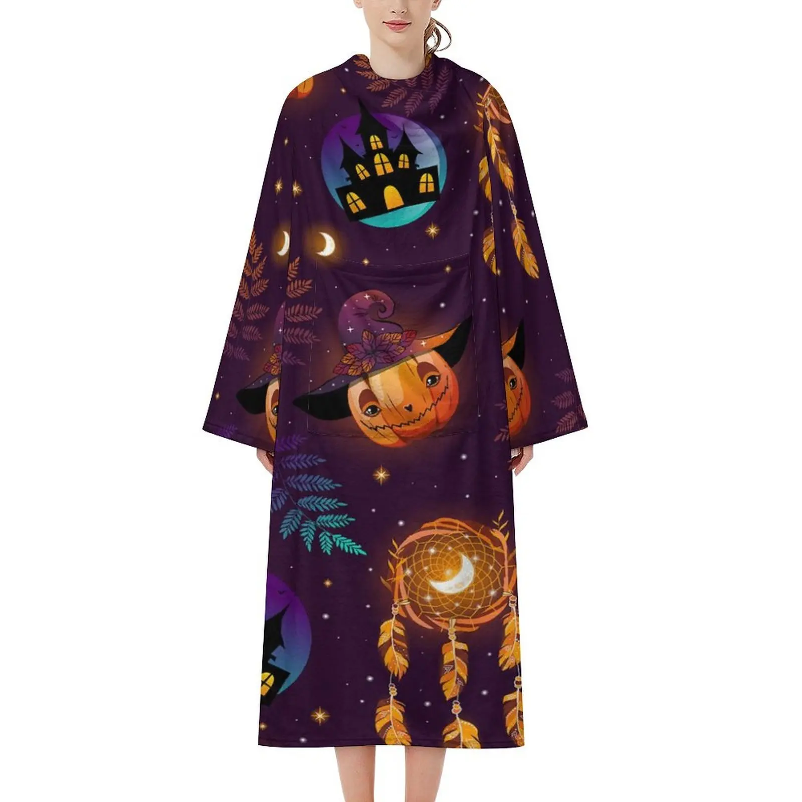 Cozy Halloween Pumpkin fleece Wrap Blanket Robe - Wearable blanket long Sleeve