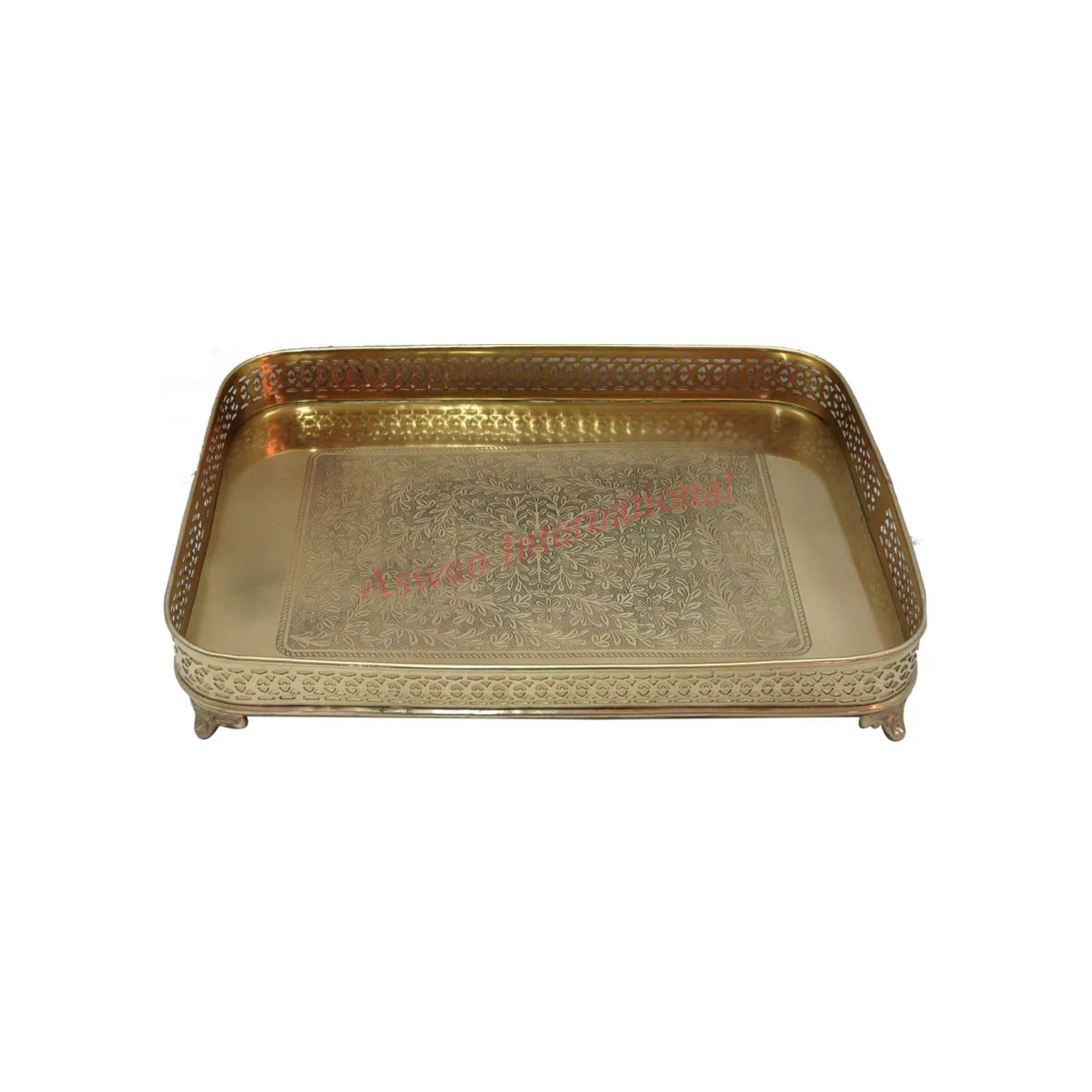 Direct Factory Selling Made In India Brass Antique Etched Serving Tray with Legs Customizable Restaurant and Hotel Supplies