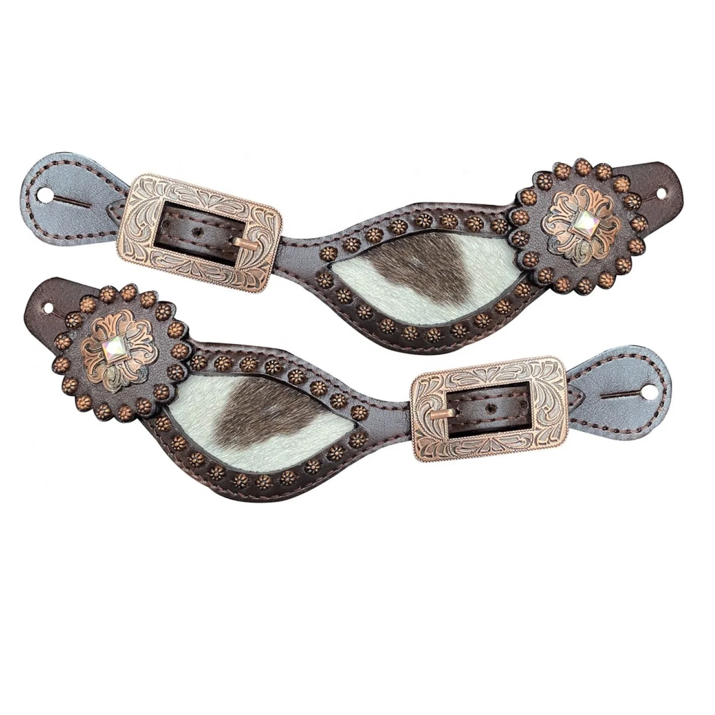 Handmade Best Quality Hair On Cowhide Leather Western Spur Strap With Concho & Carved Buckle Wholesale Manufacturer Supplier