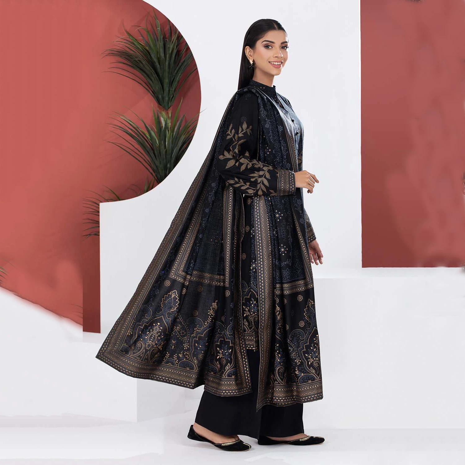Wedding Wear Long Shirt Elegant Long Sleeve Printed Dress Pakistani Salwar Kameez With Dupatta