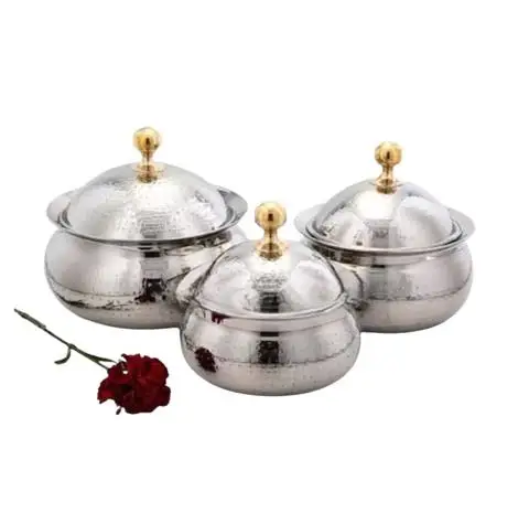 Set Of 3 Polished Finished New Look Casserole For Hot Pot For Wedding Hotel Serving Use Food Warmer Pot Metal Casserole