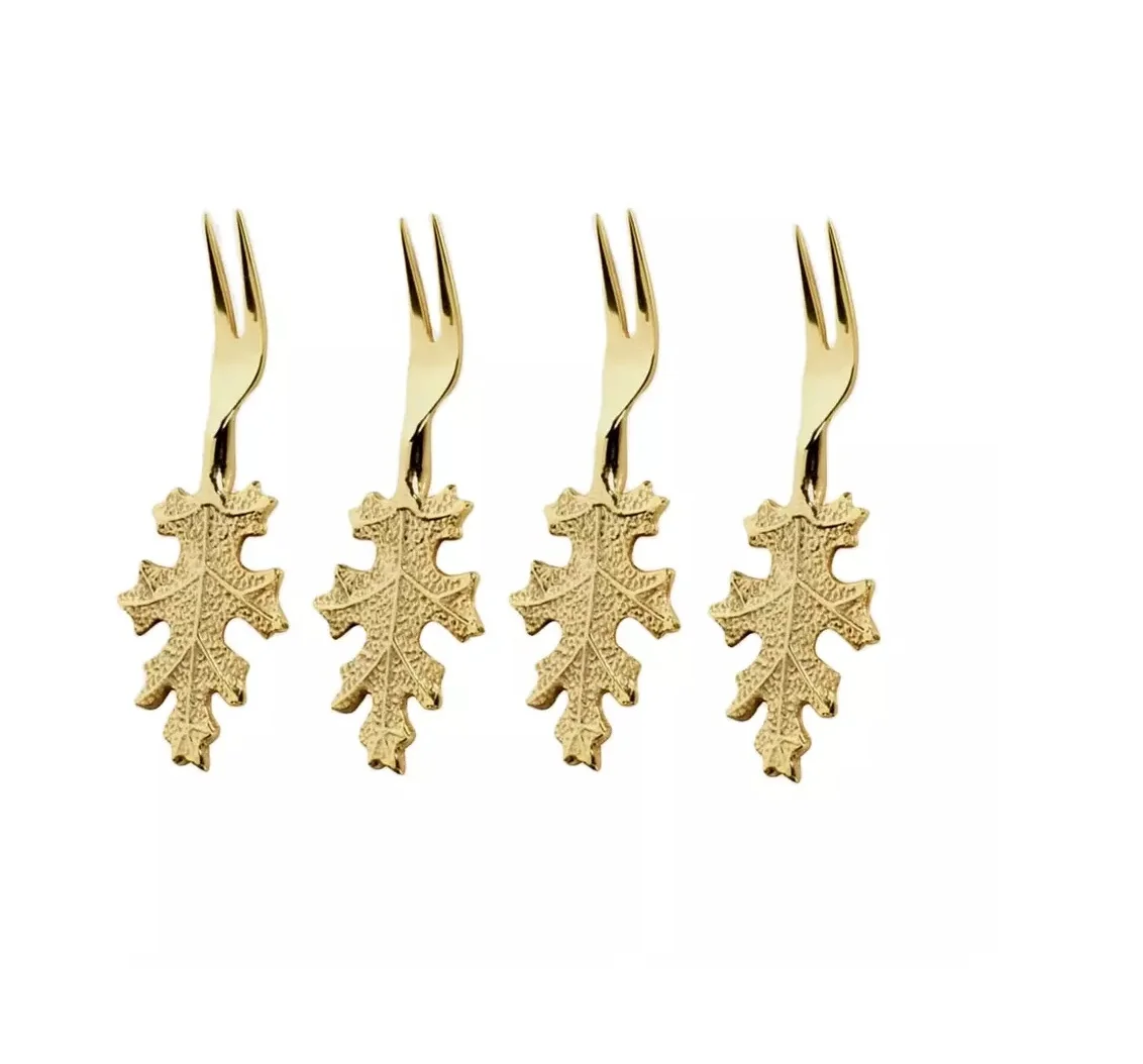 Gold Plated Cutlery Fork Set 4 Casting Leaf Design Handle Metal Cutlery Set In Wholesale Price New Metal Fork