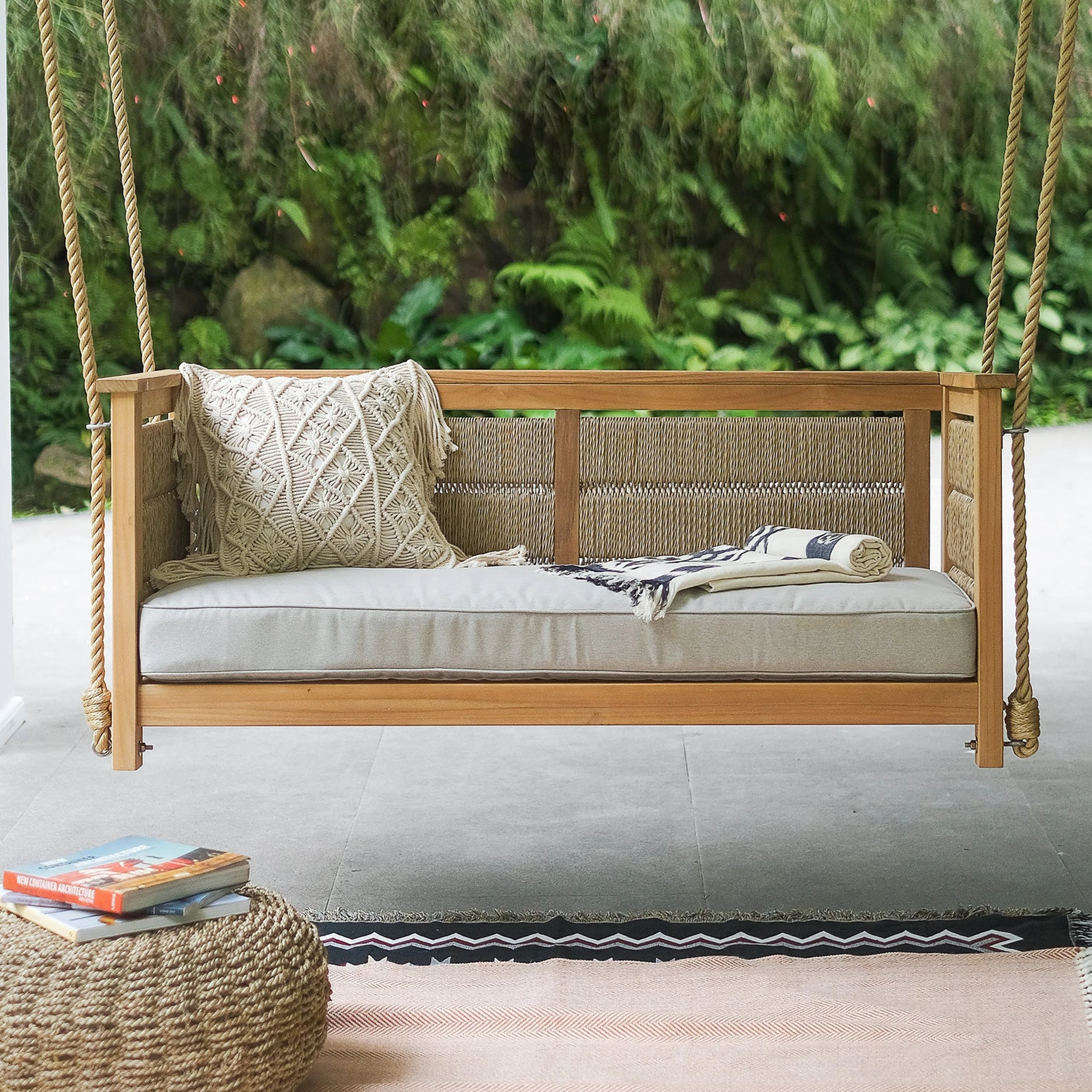Teak Wood Patio Swing And Rattan Combination With Cushion - Fina