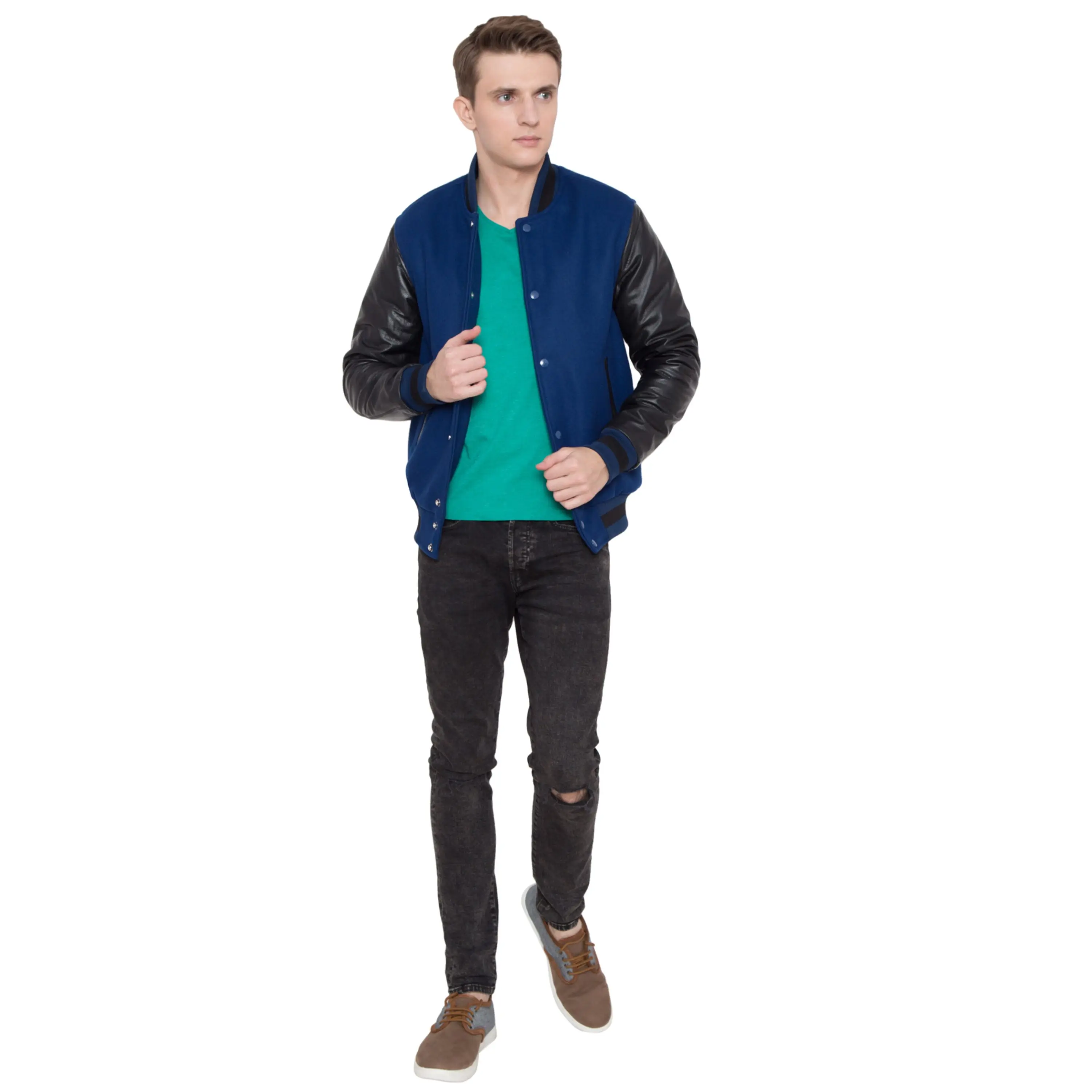 100% Cashmere Wool Body and Genuine Cowhide Leather Sleeves Dark Navy & Black Letterman Jacket