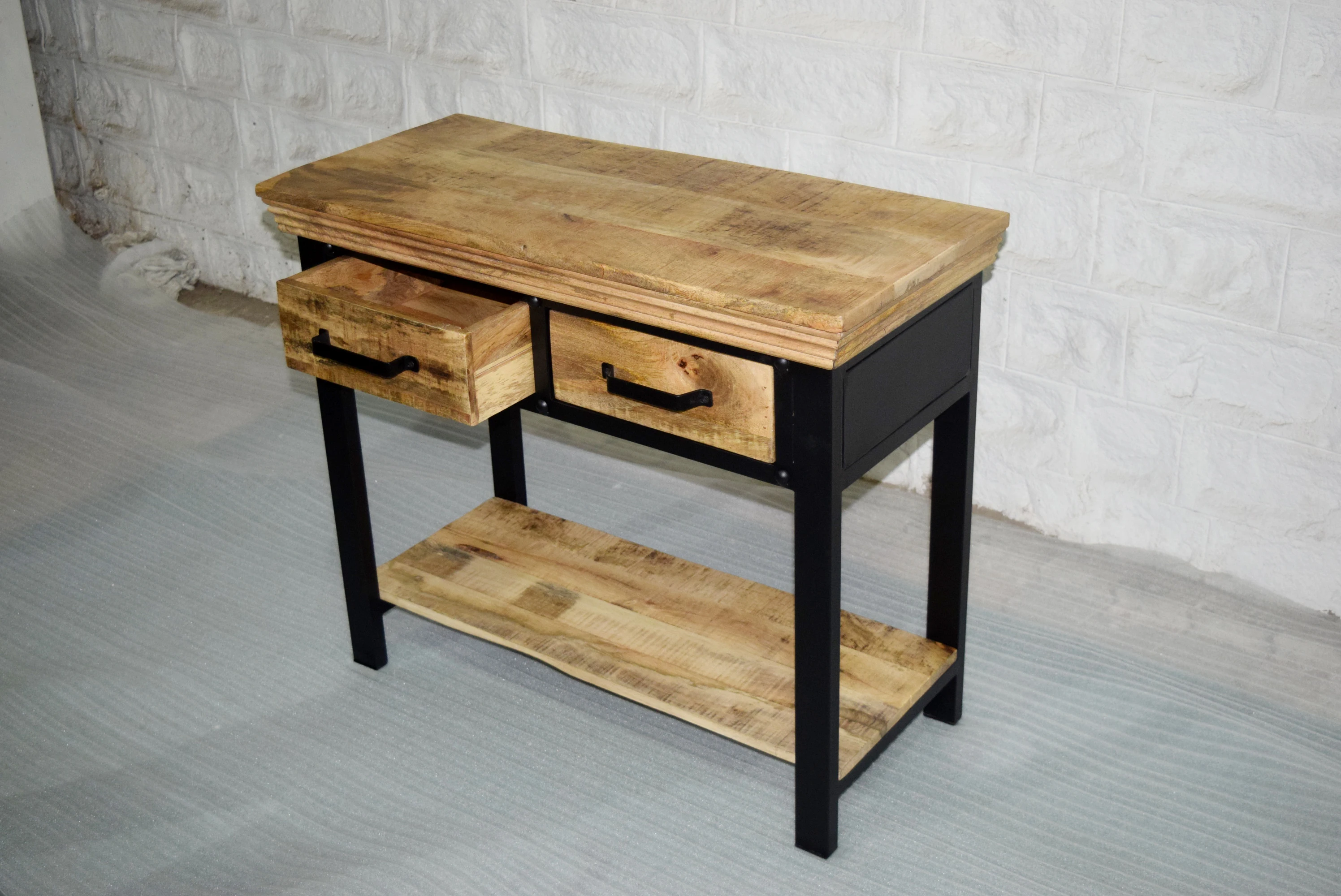 Industrial Style Antique Furniture Iron and Wooden Side Console Tables with Two Storage Drawer for Home Living Room