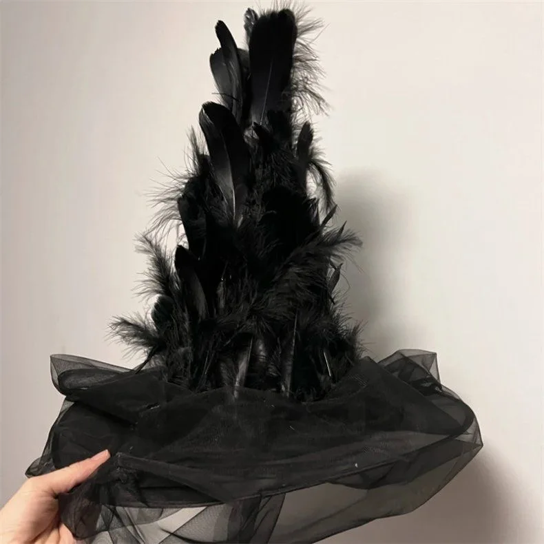 Kendall Jenner-Inspired Halloween Party Witch Hat with Feather and Mesh for Wizard Cosplay Christmas Hat