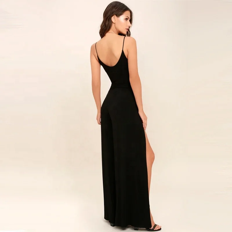 Custom women summer suspenders V neck black fashion ladies wide leg spaghetti strap jumpsuits