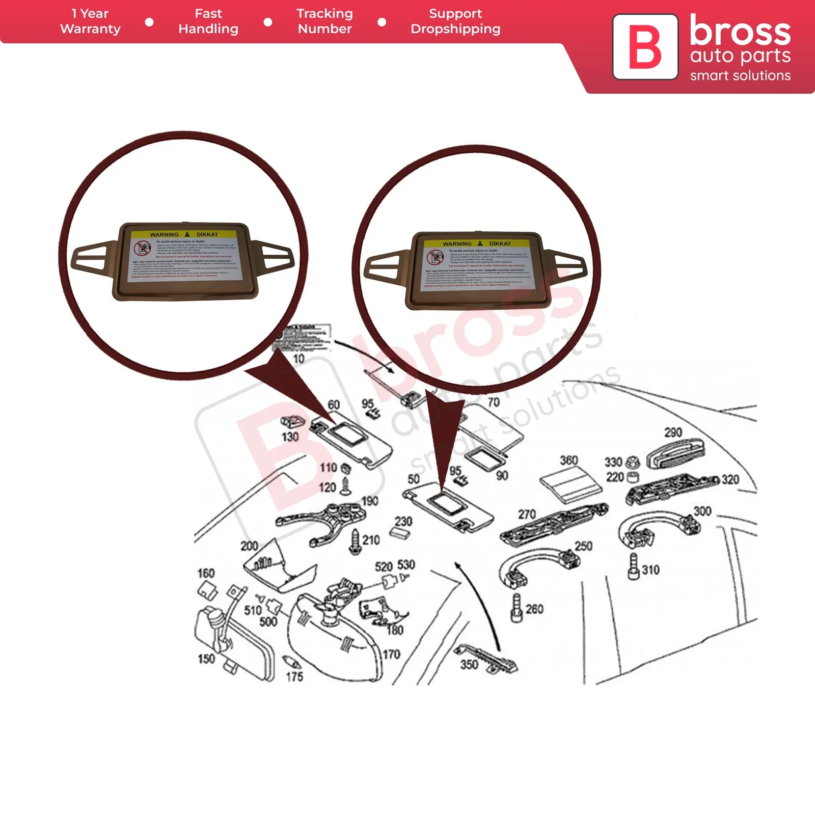 BDP545 Sun Visor Shade Mirror Cover Set TAN for W210 W211 2108102510 2118100410 Bross Auto Parts Made In Turkey