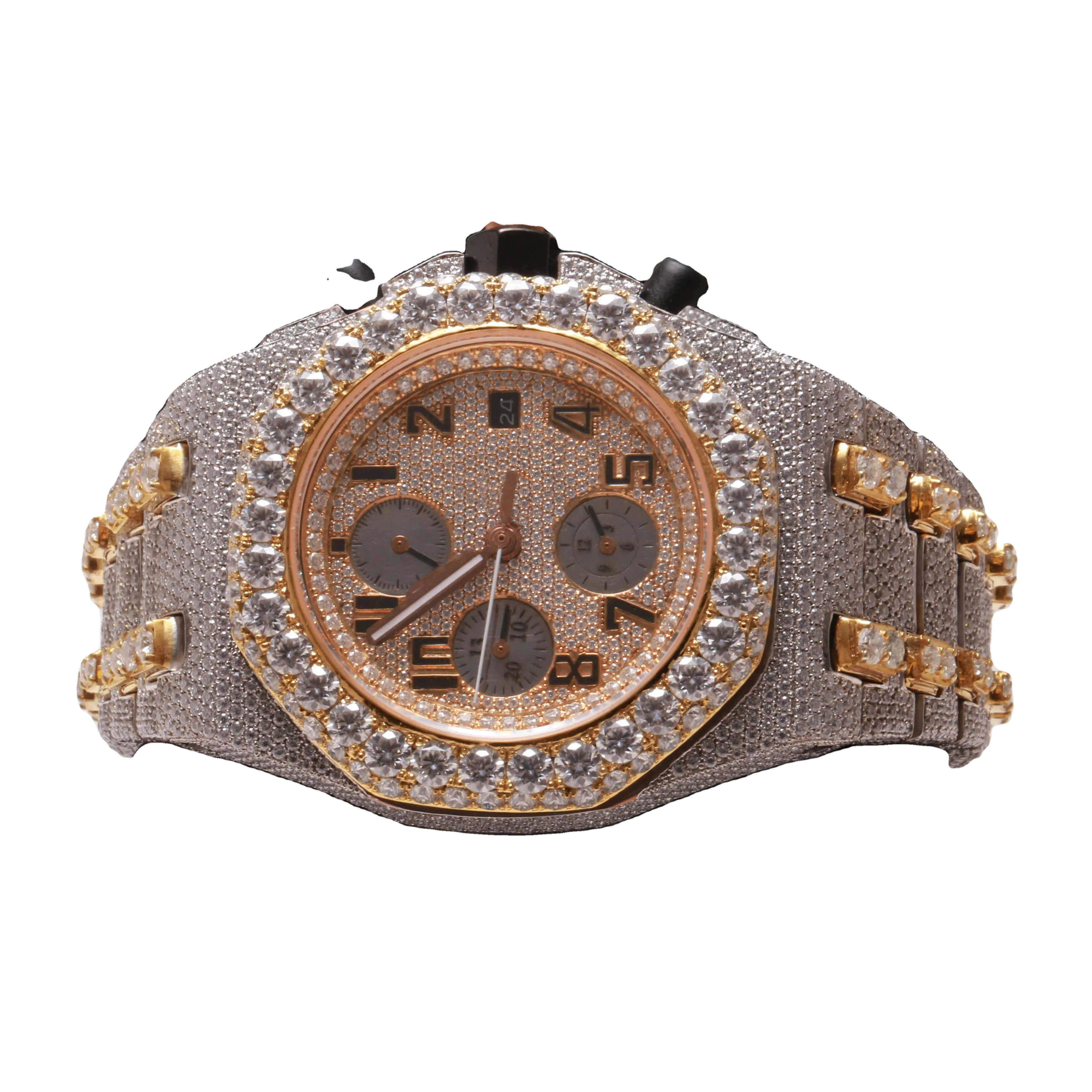 Luxurious Hip Hop Chrono Full Iced Out Unisex Automatic Premium Branded Quality Antique Moissanite Diamond Wrist Watch