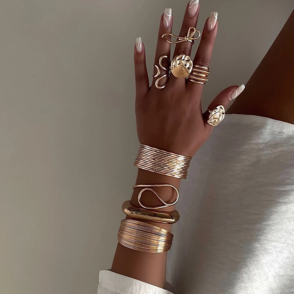 J&D 18k Gold Stainless Steel Adjustable Polished Abstract Line Open Ring Artistic Unique Linear Statement Jewelry