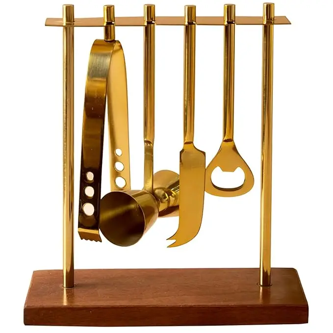 Custom Stainless Steel Bar Tool Set with Wood Stand Unique Design Bar Tools For Hot Barware Tools With Best Quality at Low Cost