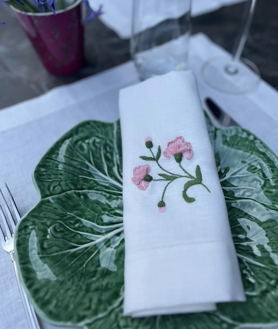Set of 12 Hand Embroidered Botanical Flowers Napkins Pink Linen Cloth Dinnerware Premium Handcrafted Embroidery