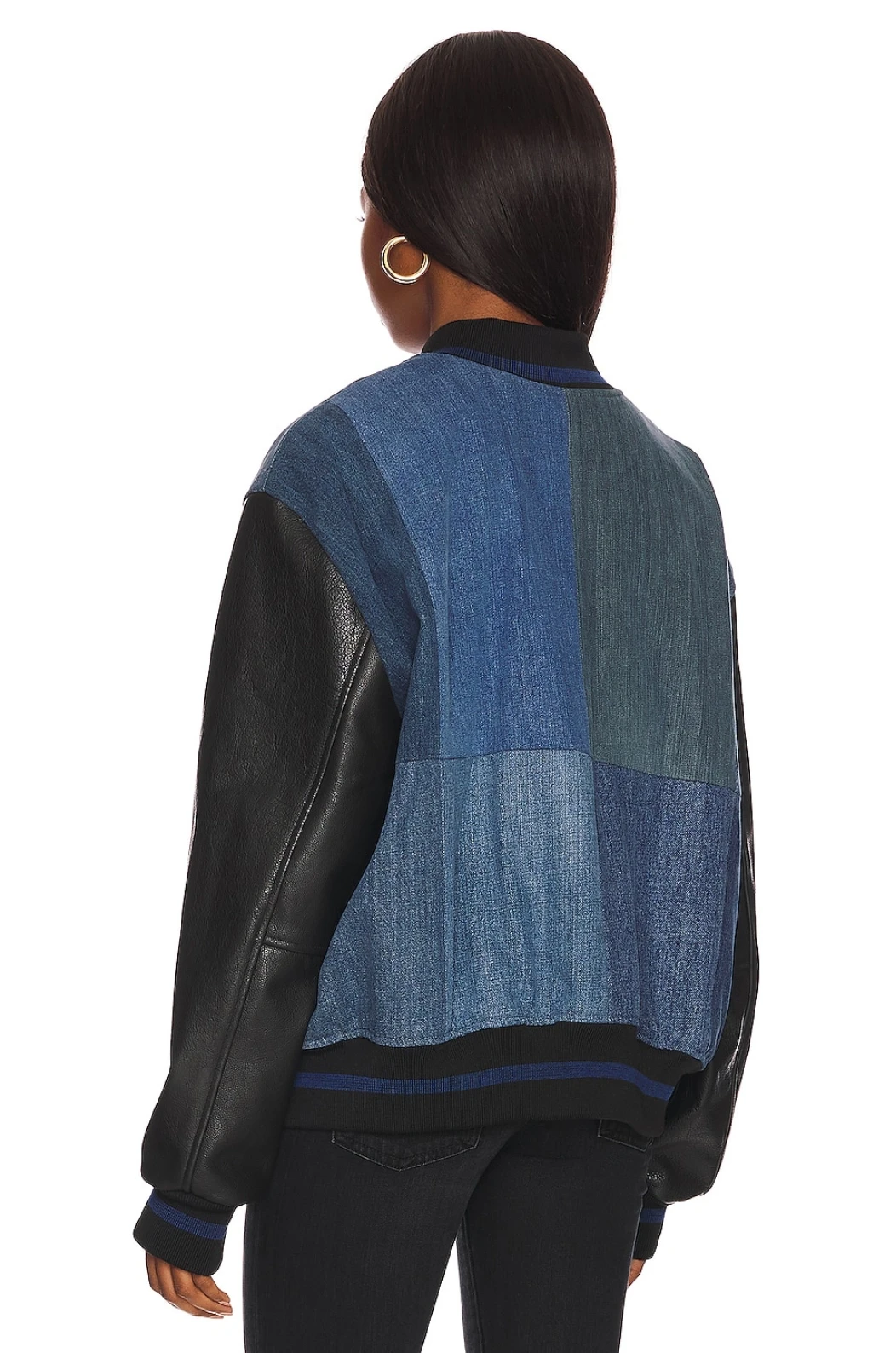 E B Denim Light Blue & Ivory Front Snap Button Closure Side Slant Pockets Leather Sleeves Patched Versity College Sports Jacket