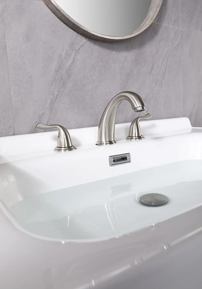 Brushed Nickel Bathroom Faucet, Bathroom Vanity Sink Faucets with Pop-up Drain and Supply Hoses Two Handles Widespread 8 Inch