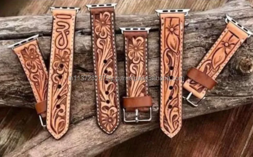 New Arrival Handmade Genuine Leather Custom Design Western Floral Tooled Painted Watch Band Boho Western Replacement Watch Strap