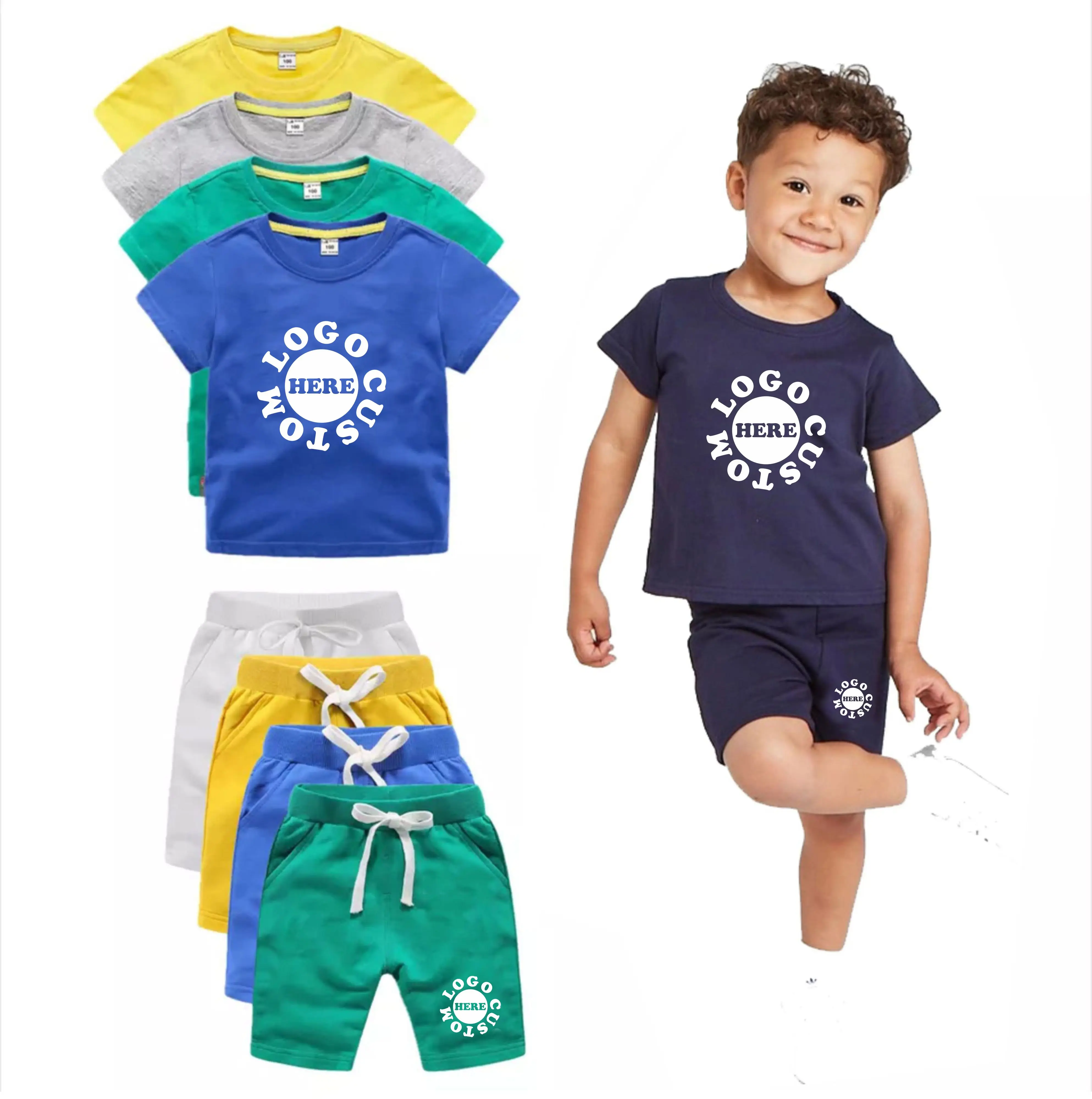 Plain 100% cotton custom logo printing boy sweatsuit set summer baby T shirt and shorts set kids clothing sets