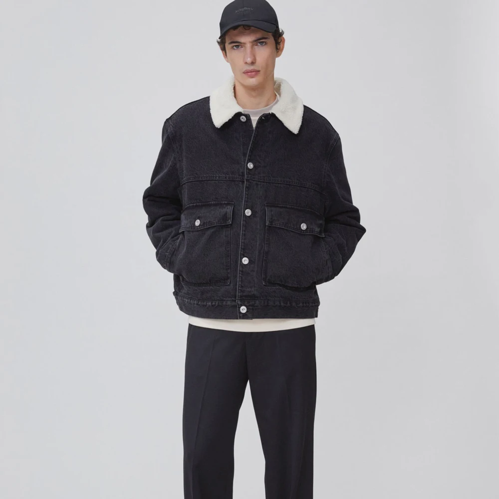 Lined Borg Collar Denim Jacket High Quality Black Cotton Jackets Customized Logo Long Sleeve Plus Size Coats for Man OEM