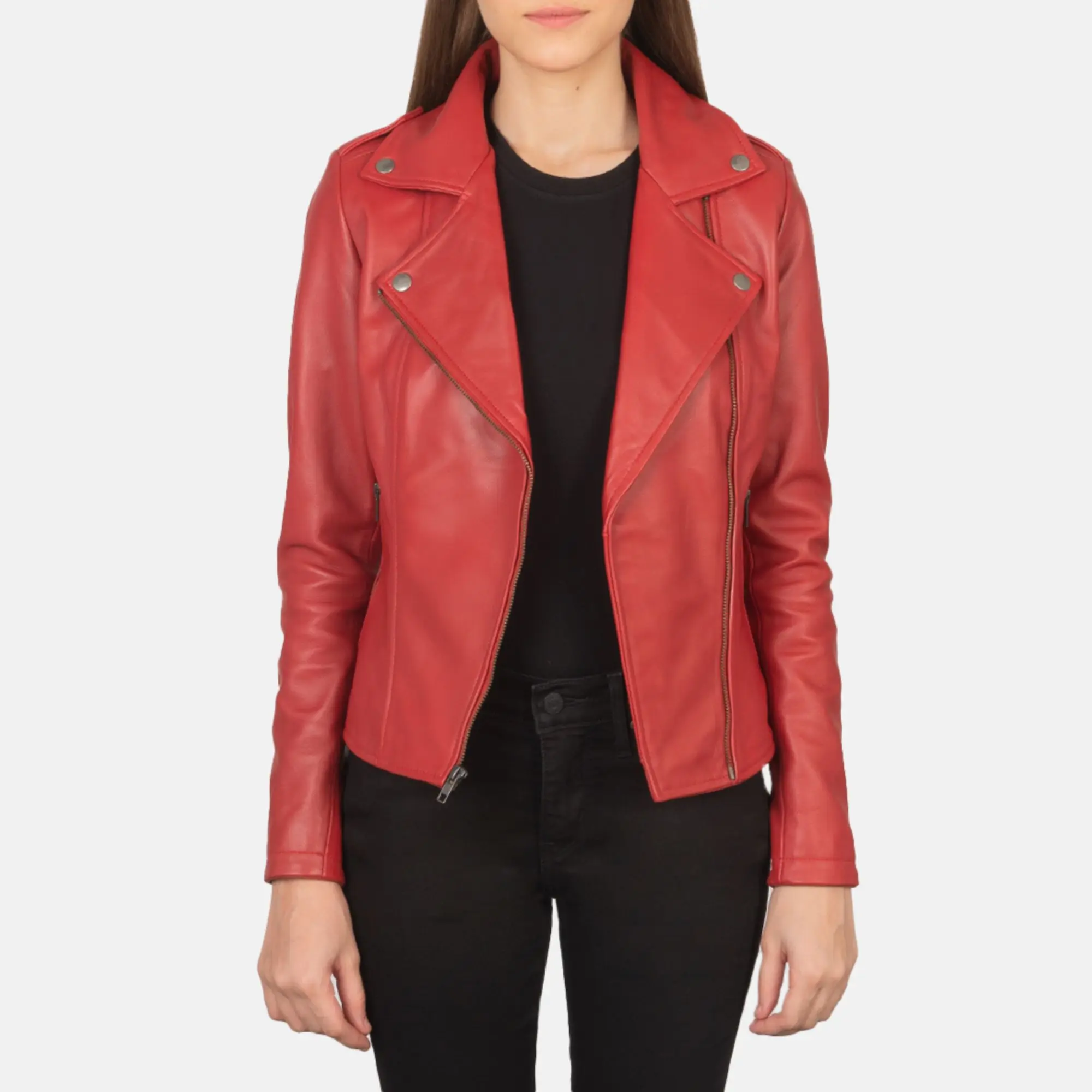 Real Leather Sheepskin Aniline Zipper Flashback Red Women Biker Jacket with Quilted Viscose Lining and Inside Outside Pockets