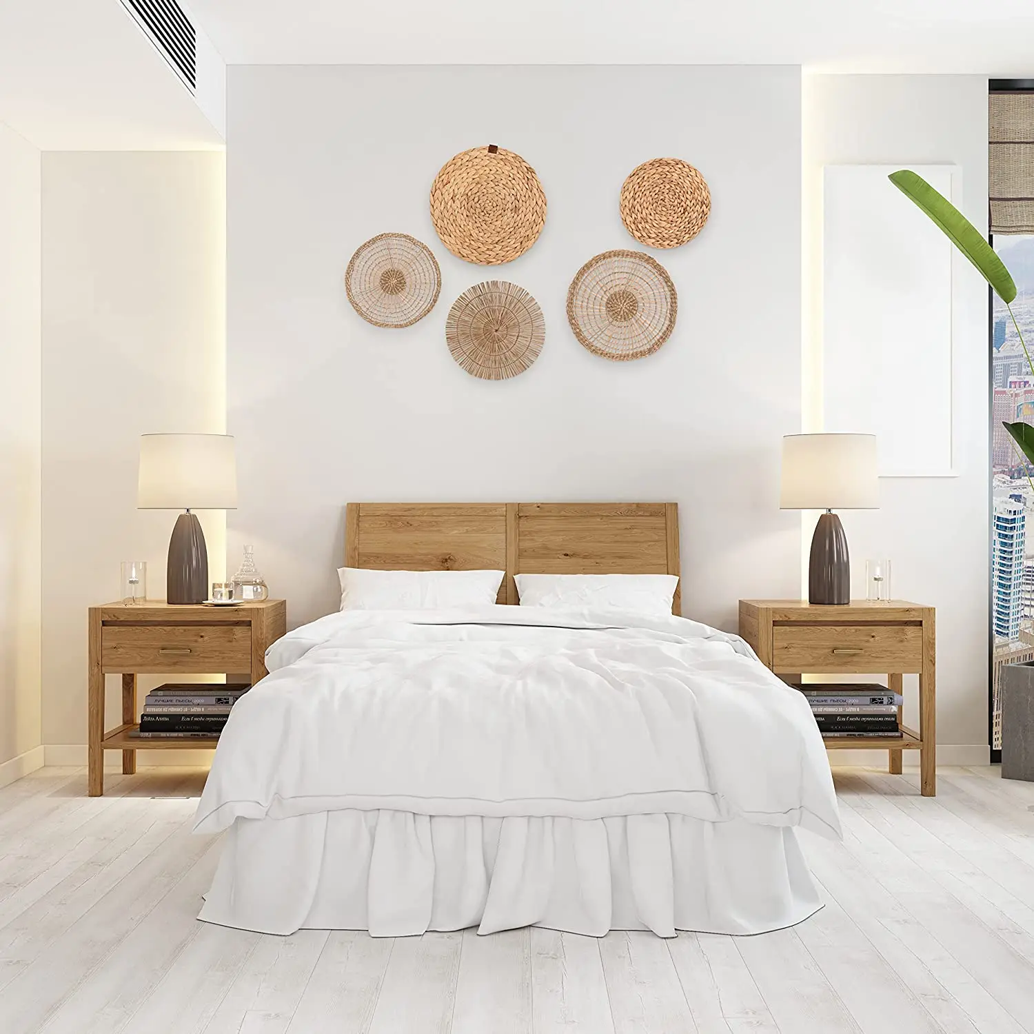 High-quality Naturral Rattan Set off 5 Weaving Plate Basket Wall Hanging Decor for Home.