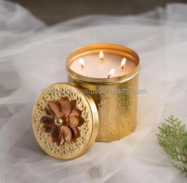 Customizable Unique Design Metal Capper Hammered Textured Decorative Wax Votive With Flower Design On Lid, Metal Jar For Wax
