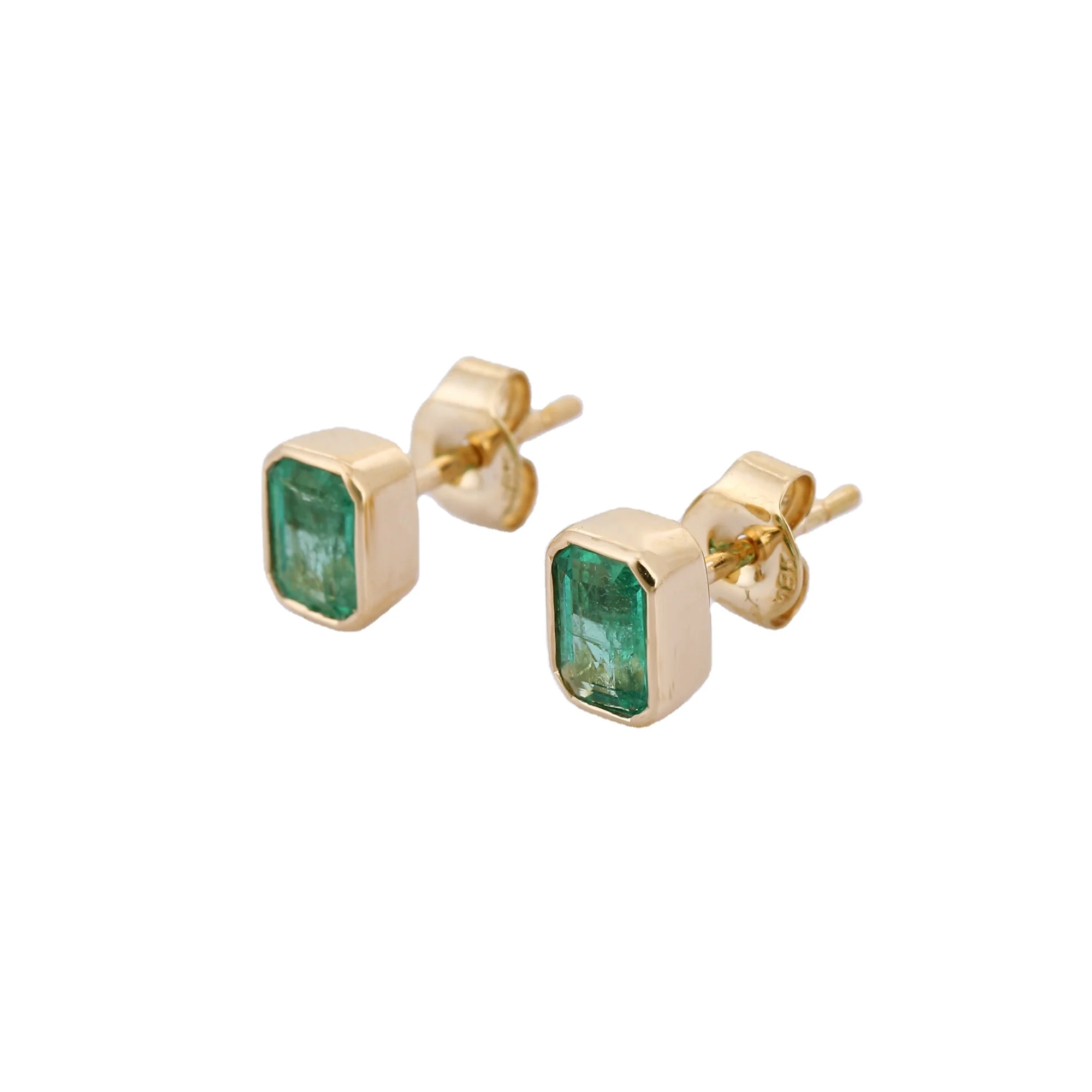 Handmade Natural Emerald Octagon Gemstone Earrings 18K Fine Yellow Gold Birthstone Stud Earrings Fashion Jewelry For Women Girls