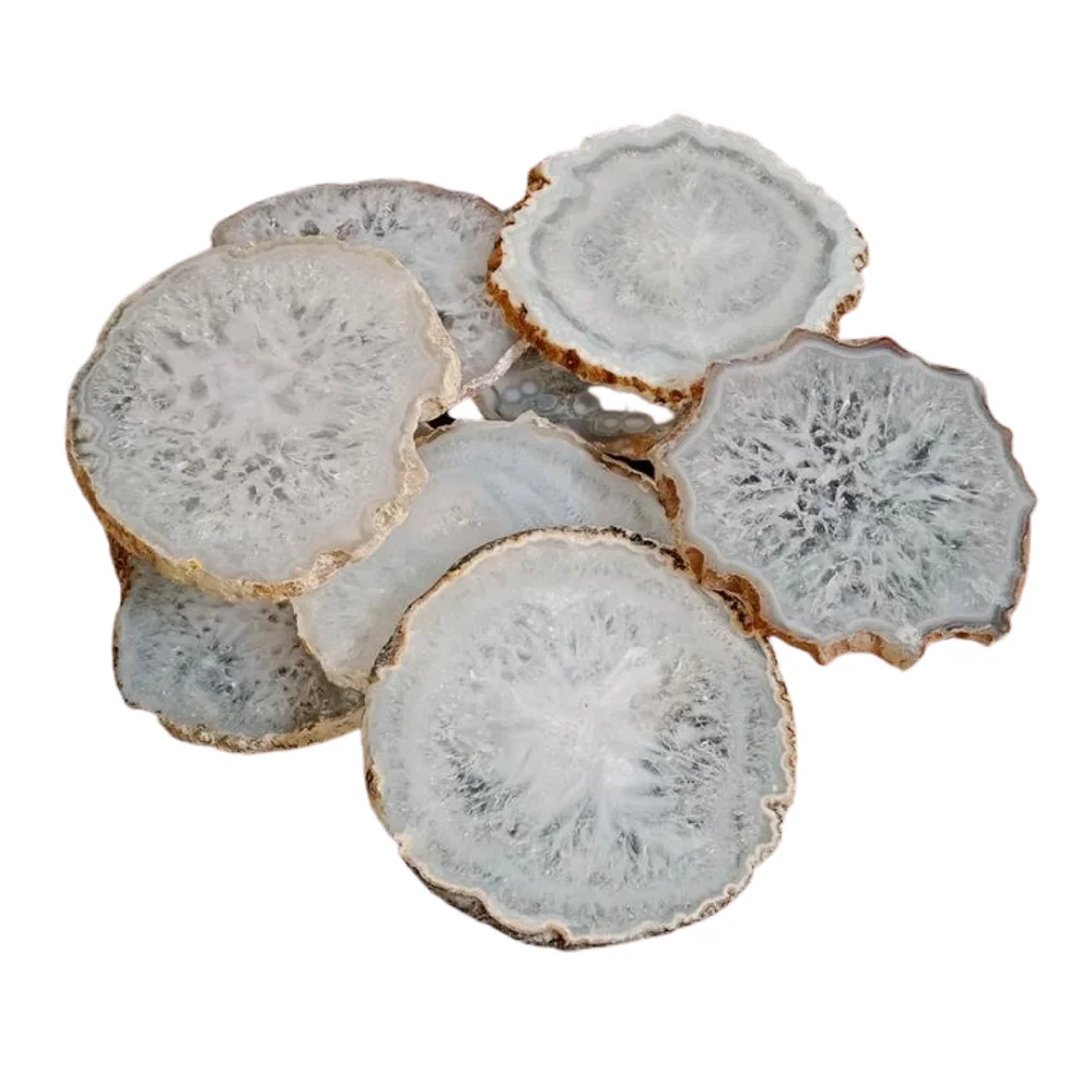 High Quality White Quartz Agate Coaster Set with Gold Trim Crystal Sliced Gemstone Geode Cup Holders for Coffee/Tea