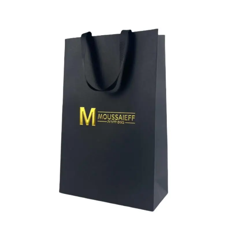 Custom Black Kraft Paper Bag with Embossing Hot Stamping Logo for Business Gift Use Includes Ribbon Accessories