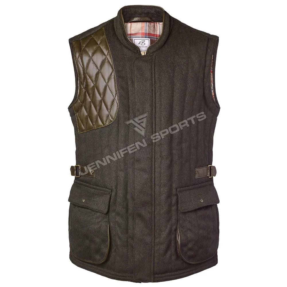 Outdoor Hunting Vest Shell Material Wool/Genuine Cowhide Leather Zipper Closing Front Pockets Inside Cotton Check Fabric Lining