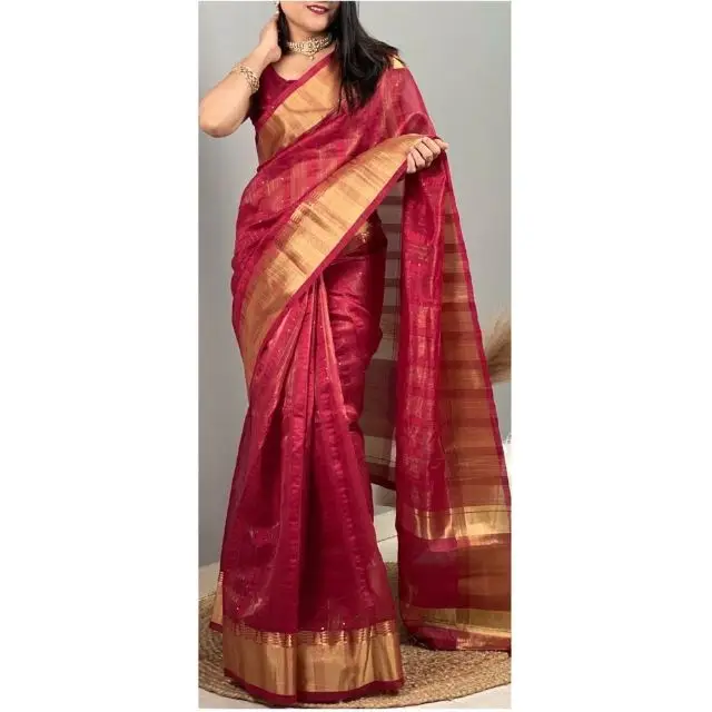 Indian Export Quality Multicolor Organza Fabric Saree Blouse Inbuilt Sequence and Zari Border & Tussles in Pallu Ladies Fashion