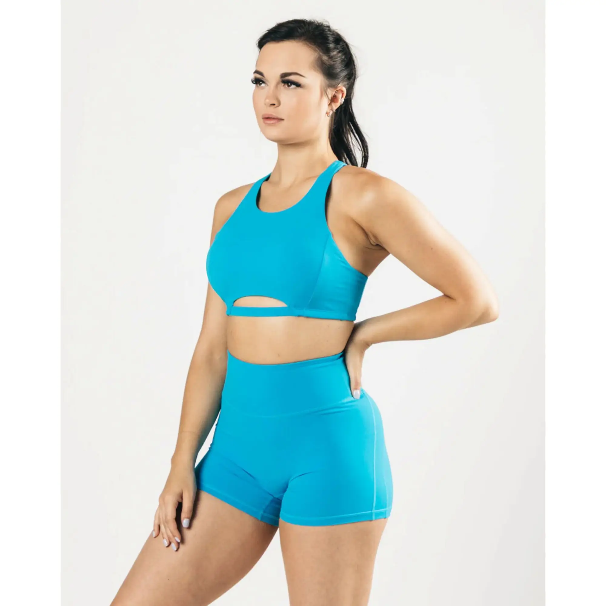 78% Nylon 22% Elastane High Neck Style Fit Racer Back Bindingless Hem Womens Medium-Support One Piece Pacific Blue Sports Bra
