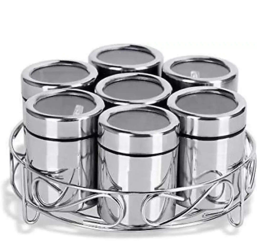 STEELE Masala Box for Kitchen  Set of 7 Stainless Steel Containers Handcrafted & Hand Painted Indian Spice Box Container wooden