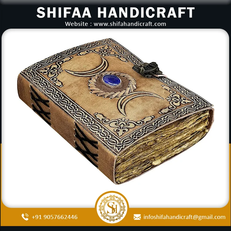 Moon Design Journal With Semi Precious Witch Stone Triple Moon Design Lock Closure 200 Antique Deckle Edge Paper