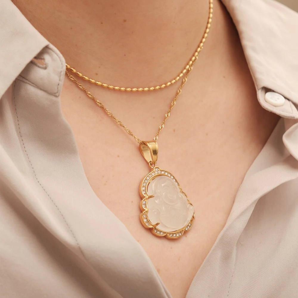 Ожерелье из нержавеющей стали и нефрита в форме Будды ювелирное изделие с подвеской кошачий глаз смеющееся ожерелье кулоном счастливого 18 карат золота